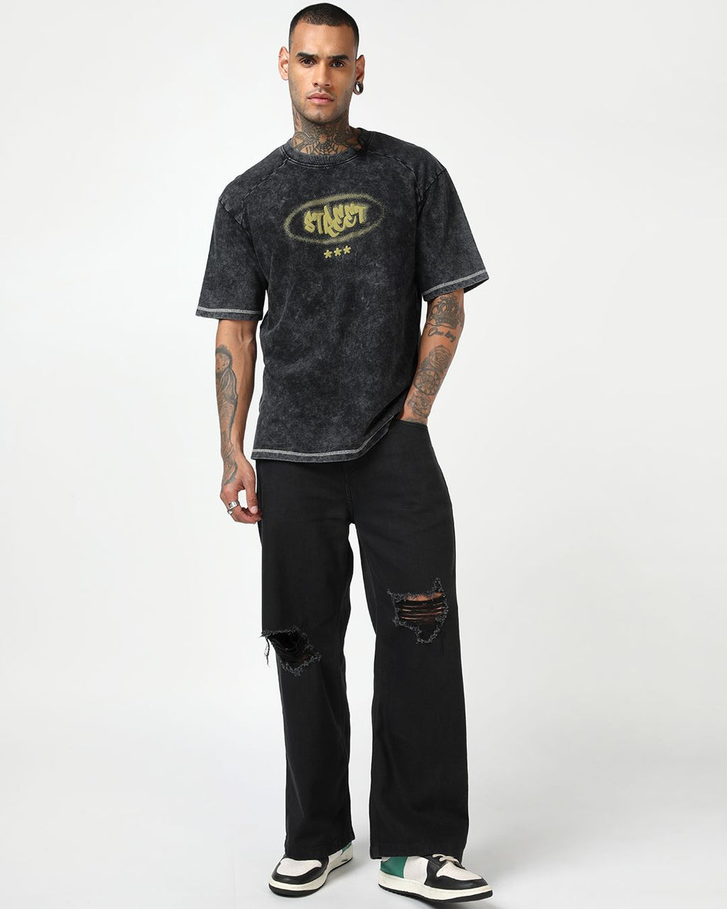 Men's Black Typography Oversized Acid Wash T-shirt Morrislane image 5