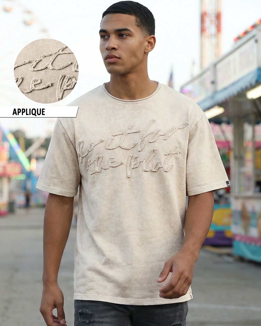 Men's Beige Applique Oversized Acid Wash T-shirt Morrislane image 1