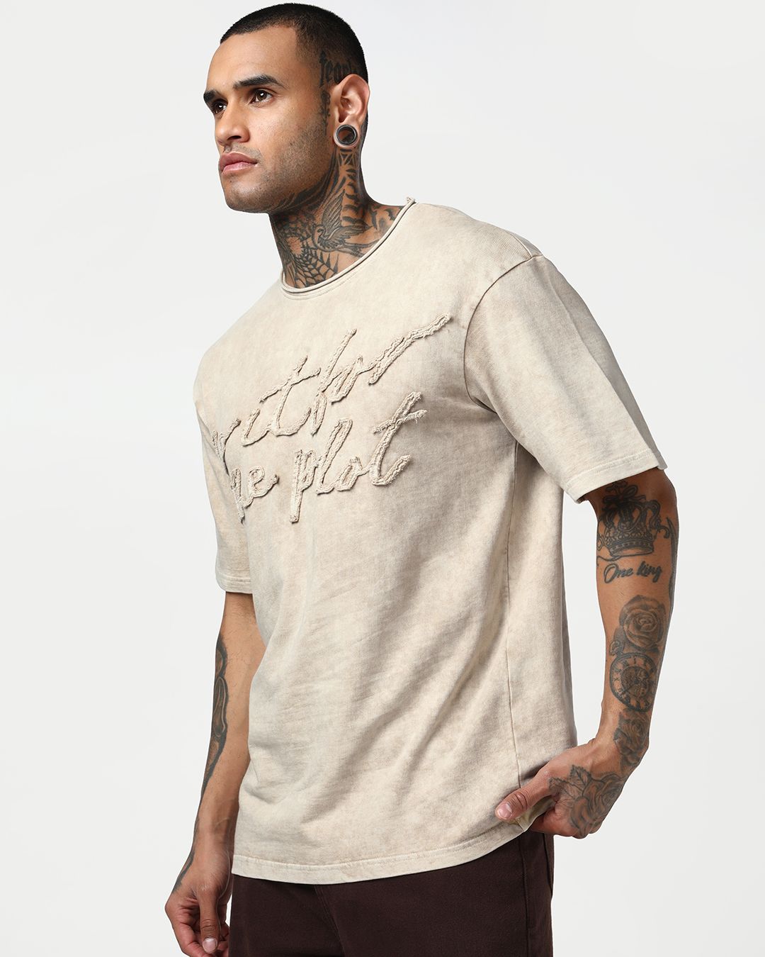 Men's Beige Applique Oversized Acid Wash T-shirt Morrislane image 2