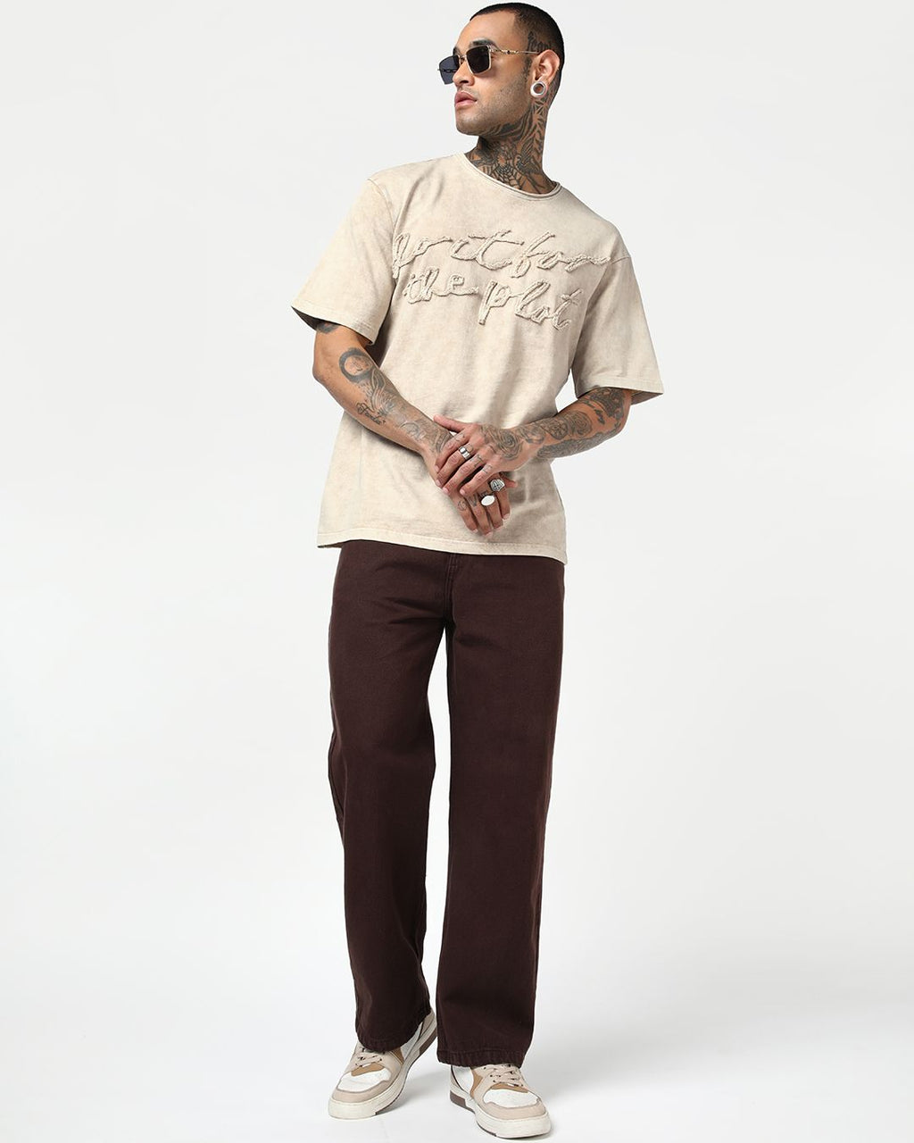 Men's Beige Applique Oversized Acid Wash T-shirt Morrislane image 5