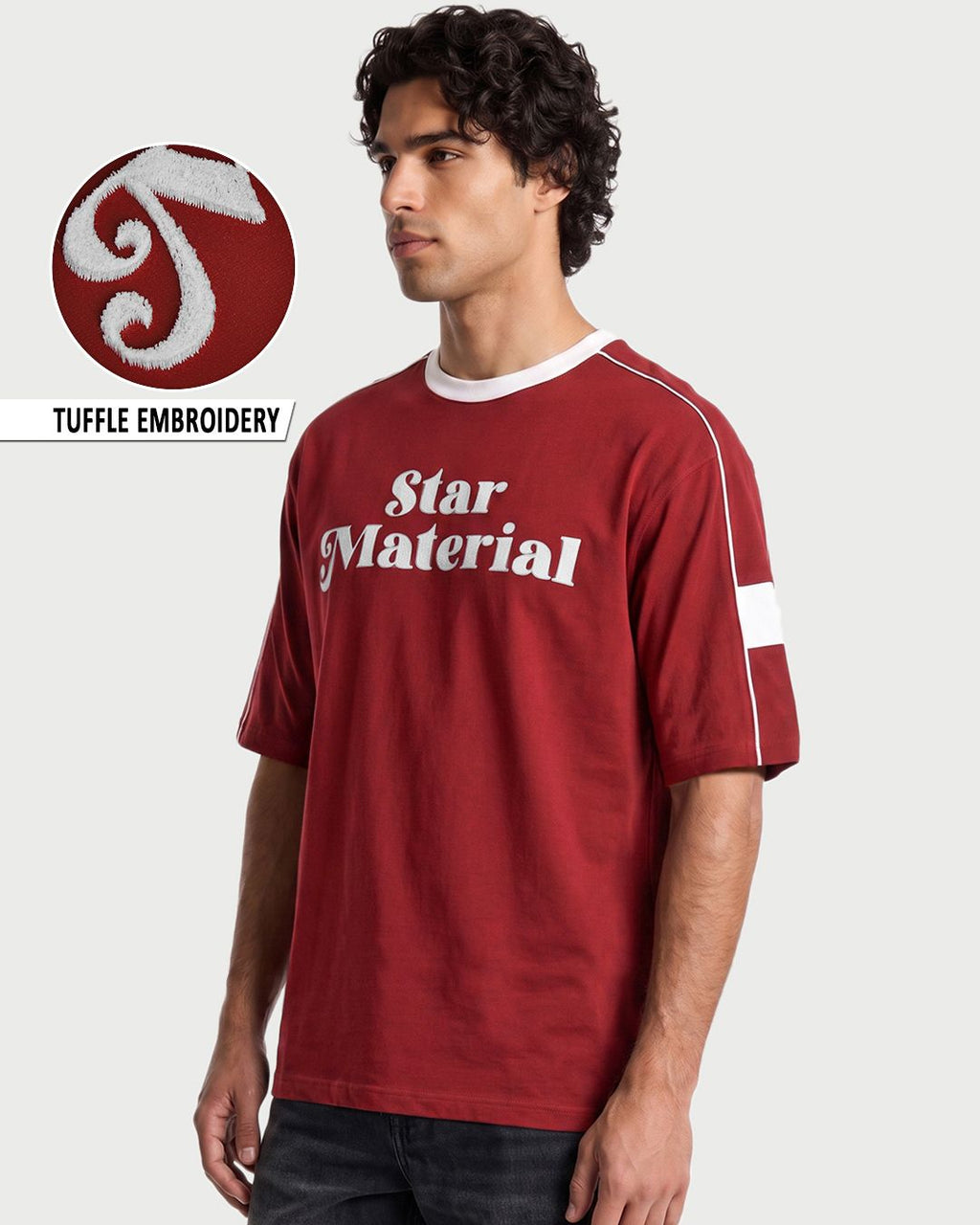 Men's Red Embroidered Oversized T-shirt