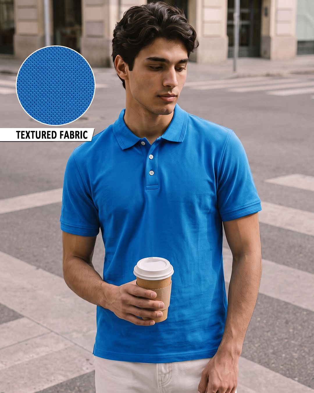 Men's Blue Textured Mercerized Polo T-shirt Morrislane