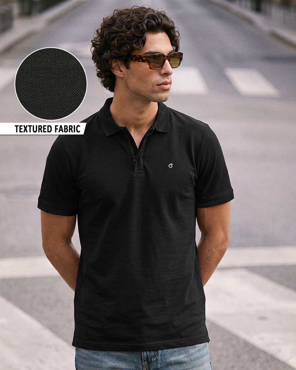 Men's Black Textured Mercerized Polo T-shirt