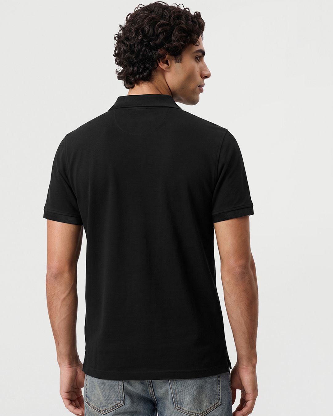 Men's Black Textured Mercerized Polo T-shirt