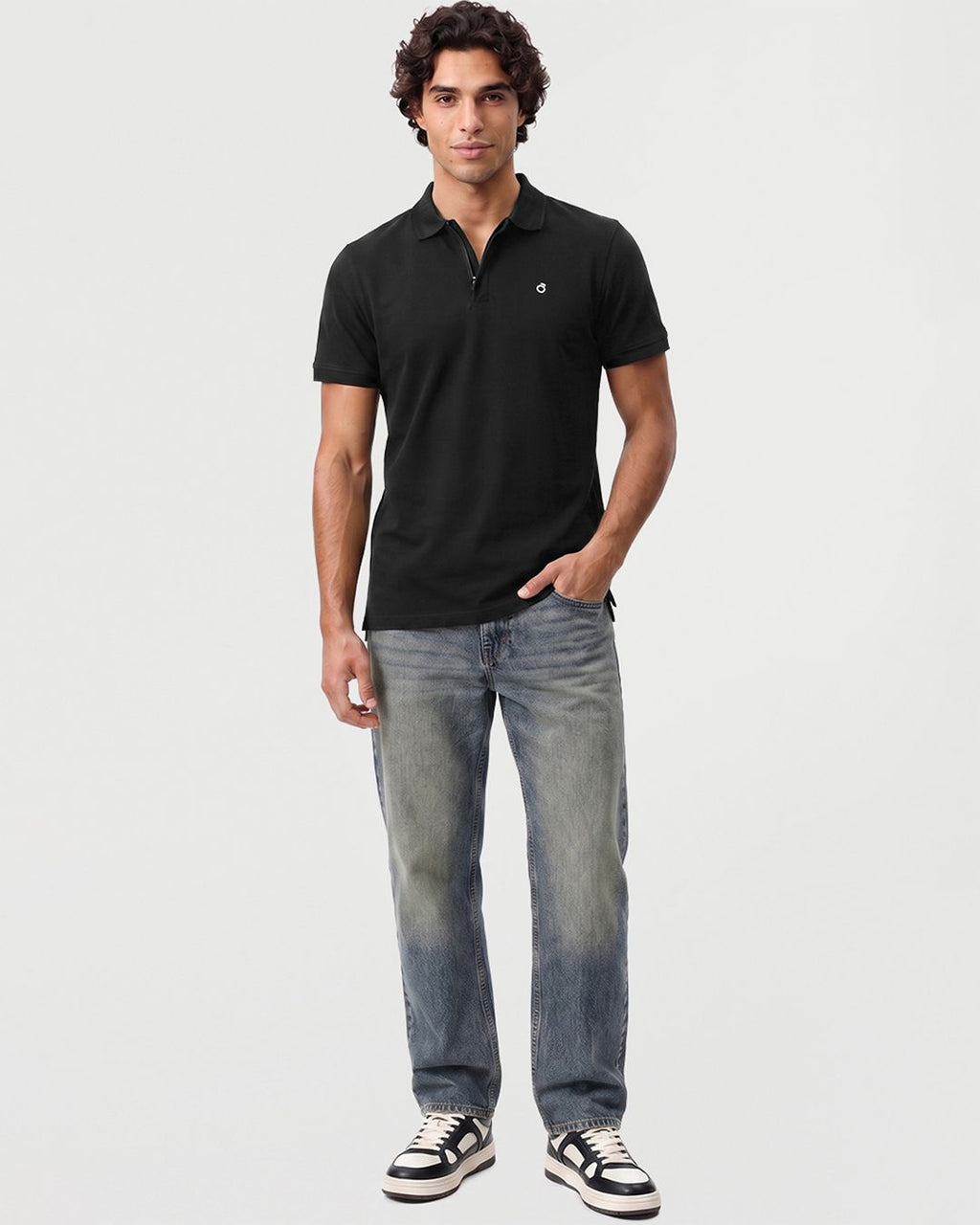 Men's Black Textured Mercerized Polo T-shirt
