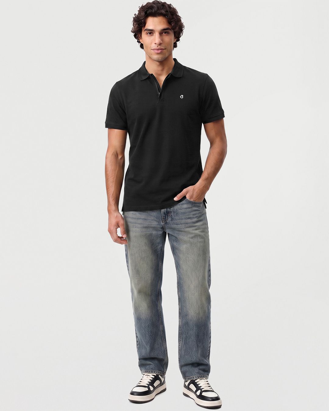 Men's Black Textured Mercerized Polo T-shirt