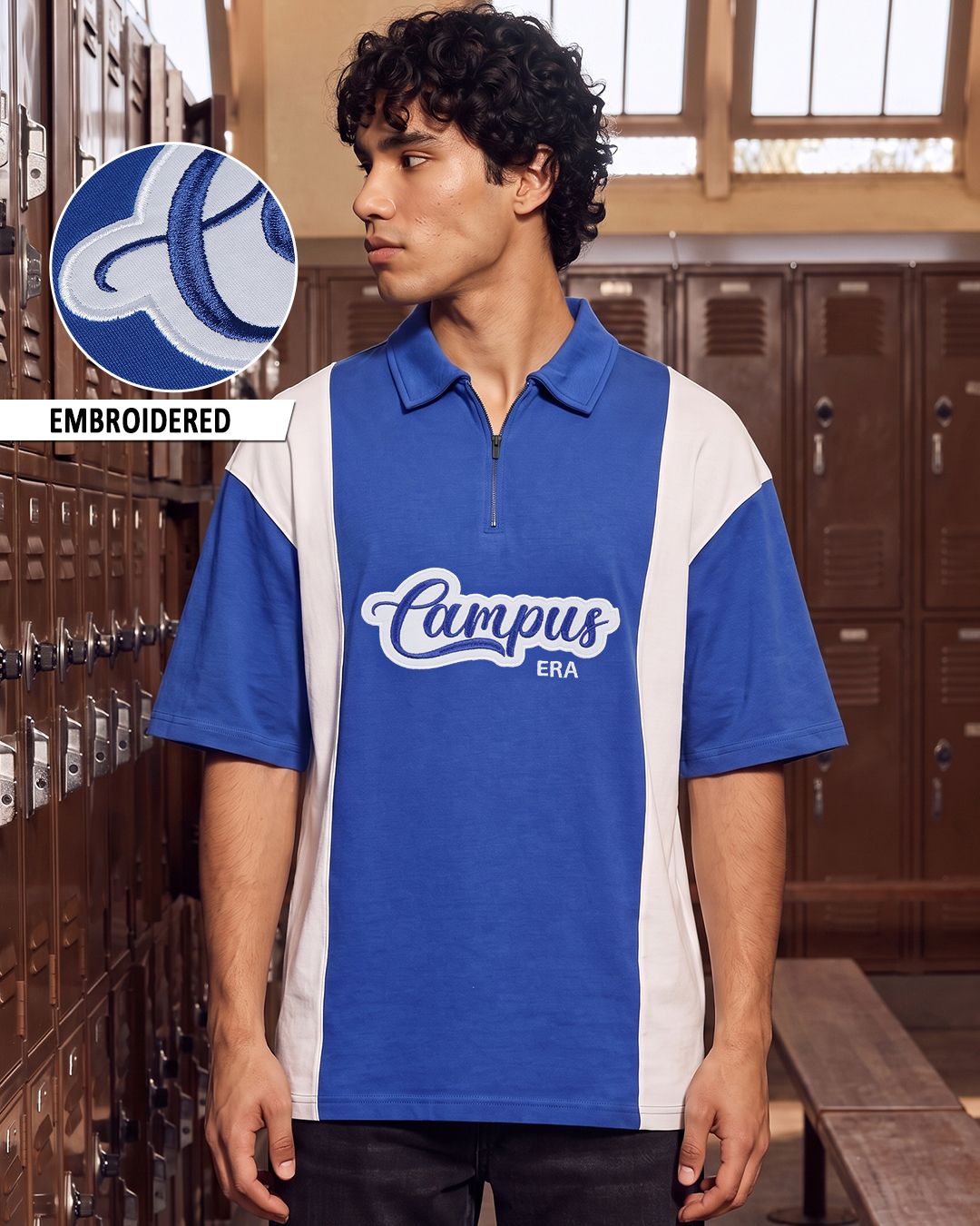 Men's Blue & White Embroidered Oversized Polo T-shirt Morrislane