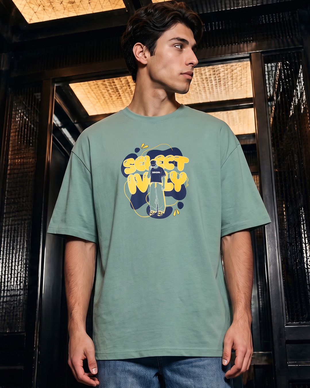 Men's Green Social Graphic Printed Oversized T-shirt