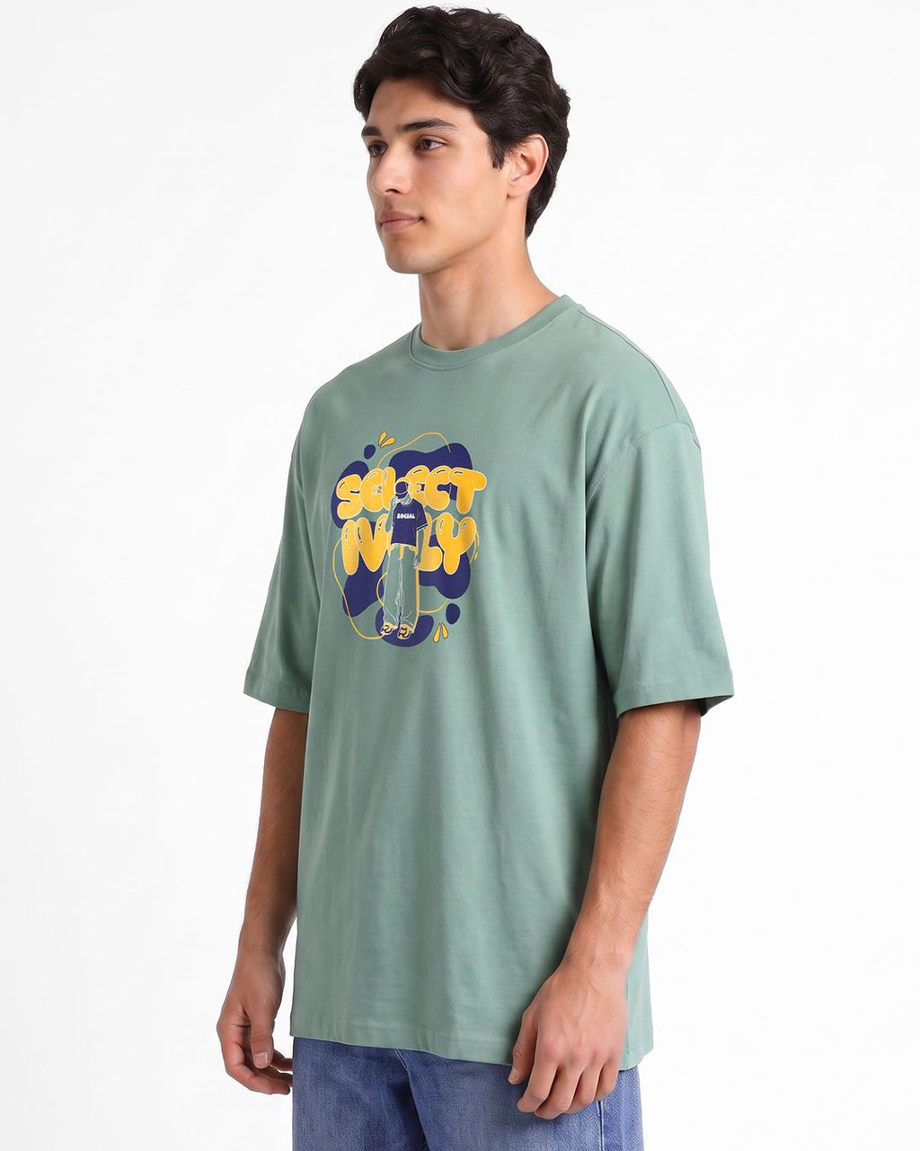 Men's Green Social Graphic Printed Oversized T-shirt