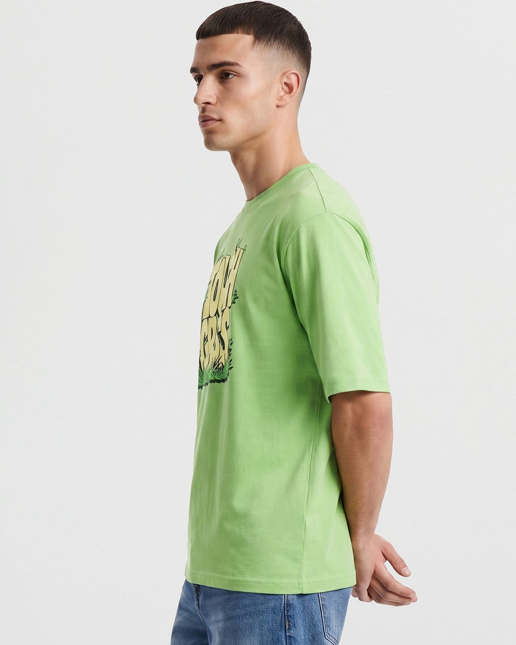Men's Green Touch Grass Graphic Printed Oversized T-shirt