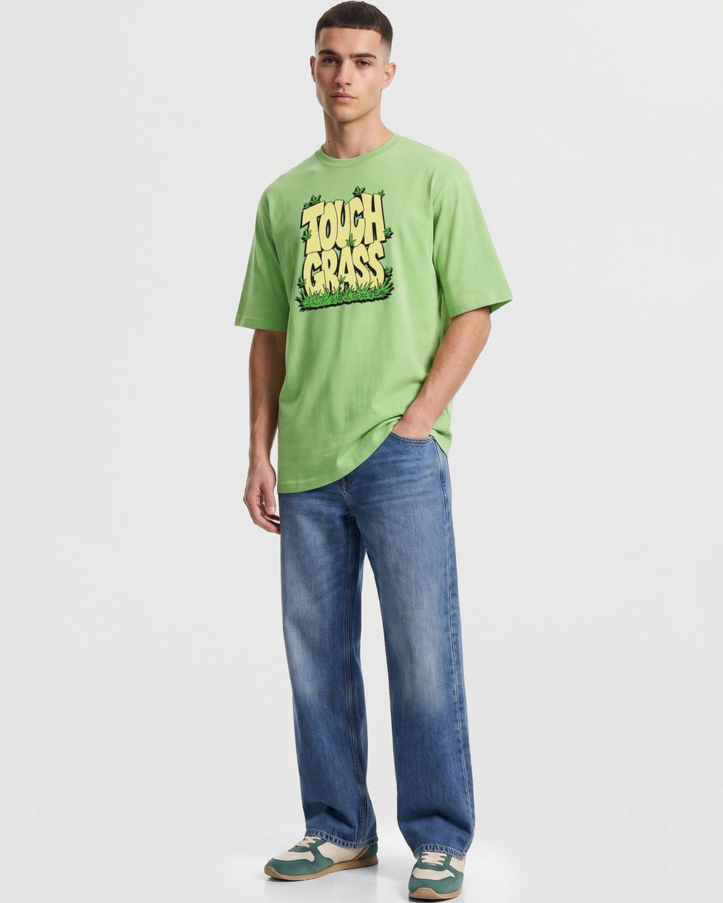 Men's Green Touch Grass Graphic Printed Oversized T-shirt