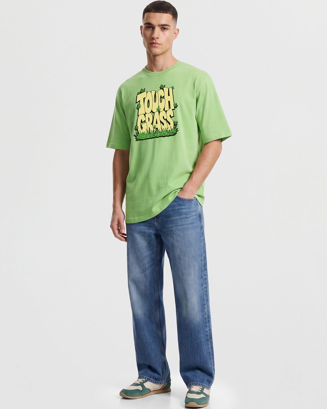 Men's Green Touch Grass Graphic Printed Oversized T-shirt