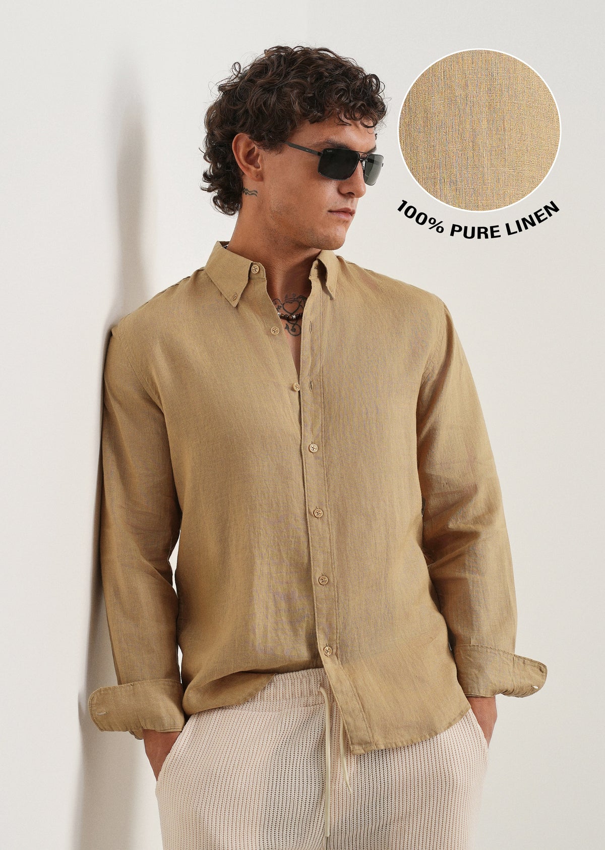 100% Pure Linen Khaki Shirt