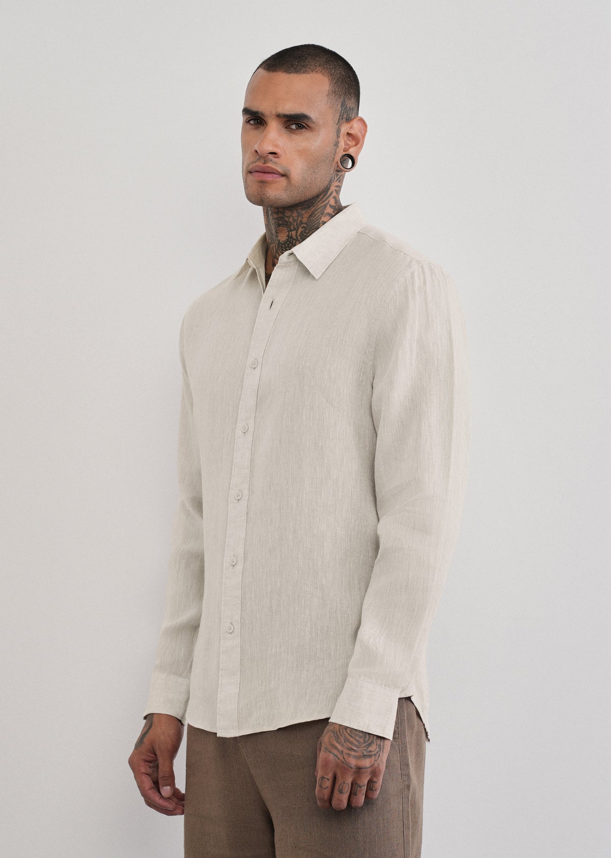 100% Pure Linen Beige Plain Shirt