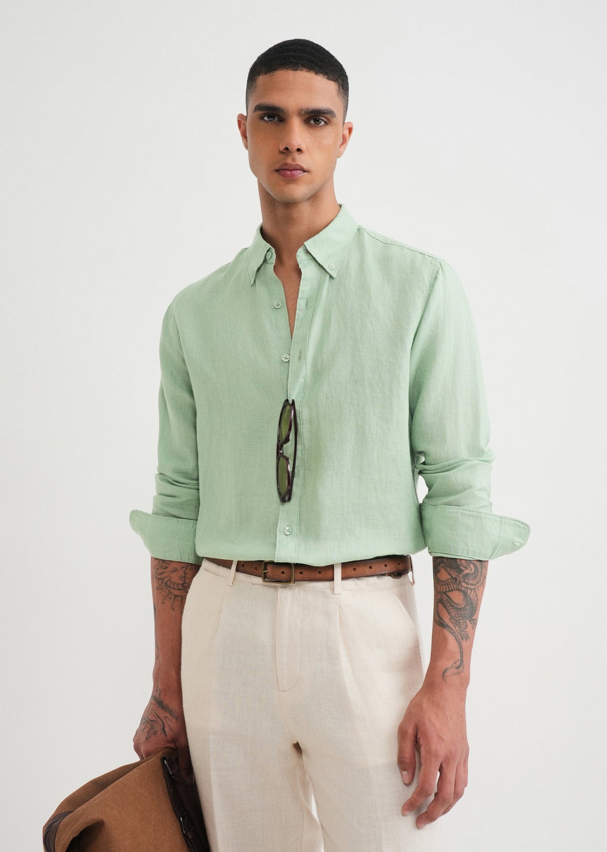 100% Pure Linen Green Shirt