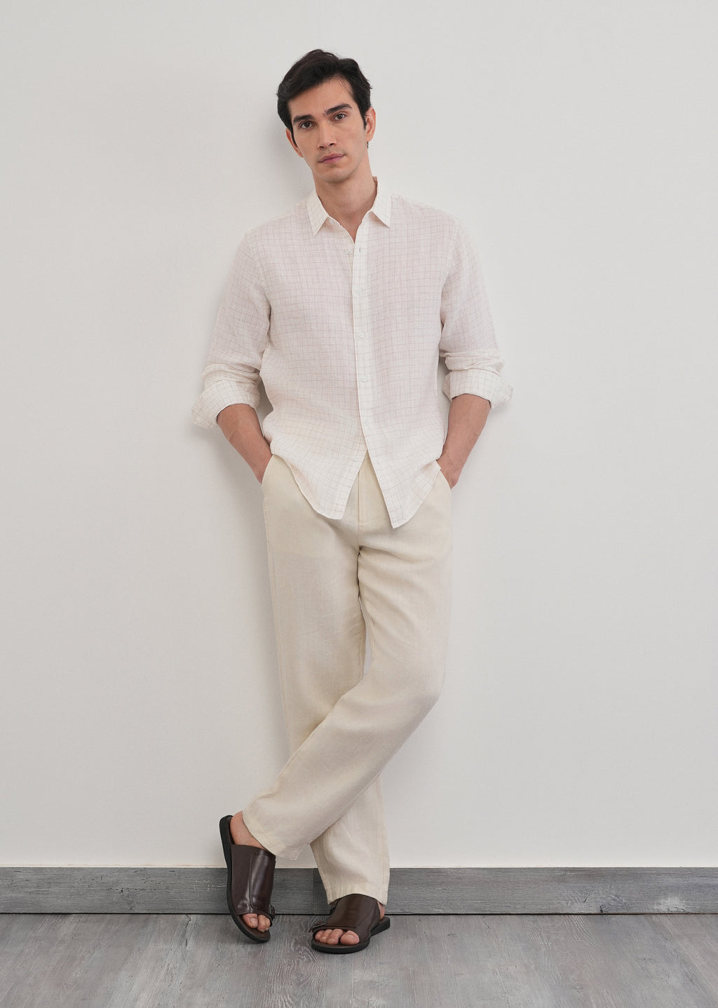 100% Pure Linen Off-White Check Shirt