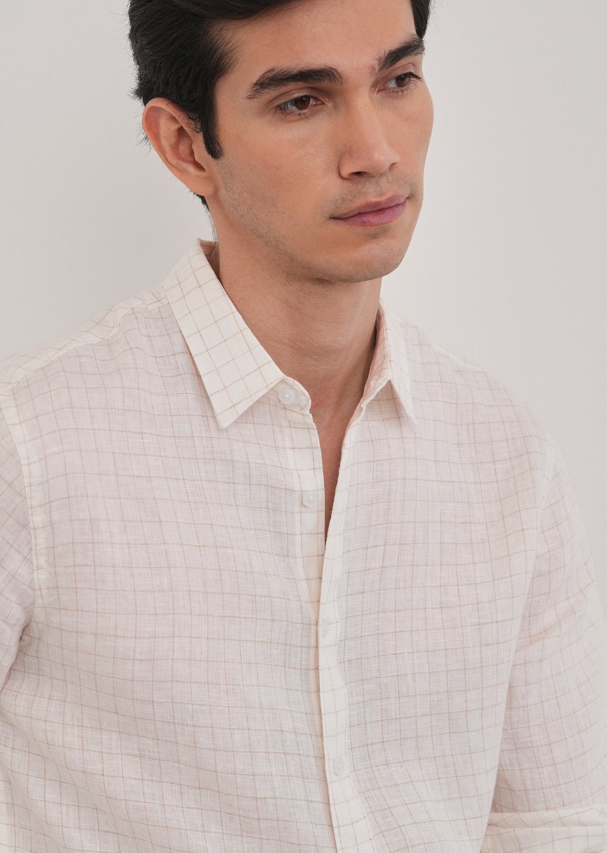 100% Pure Linen Off-White Check Shirt