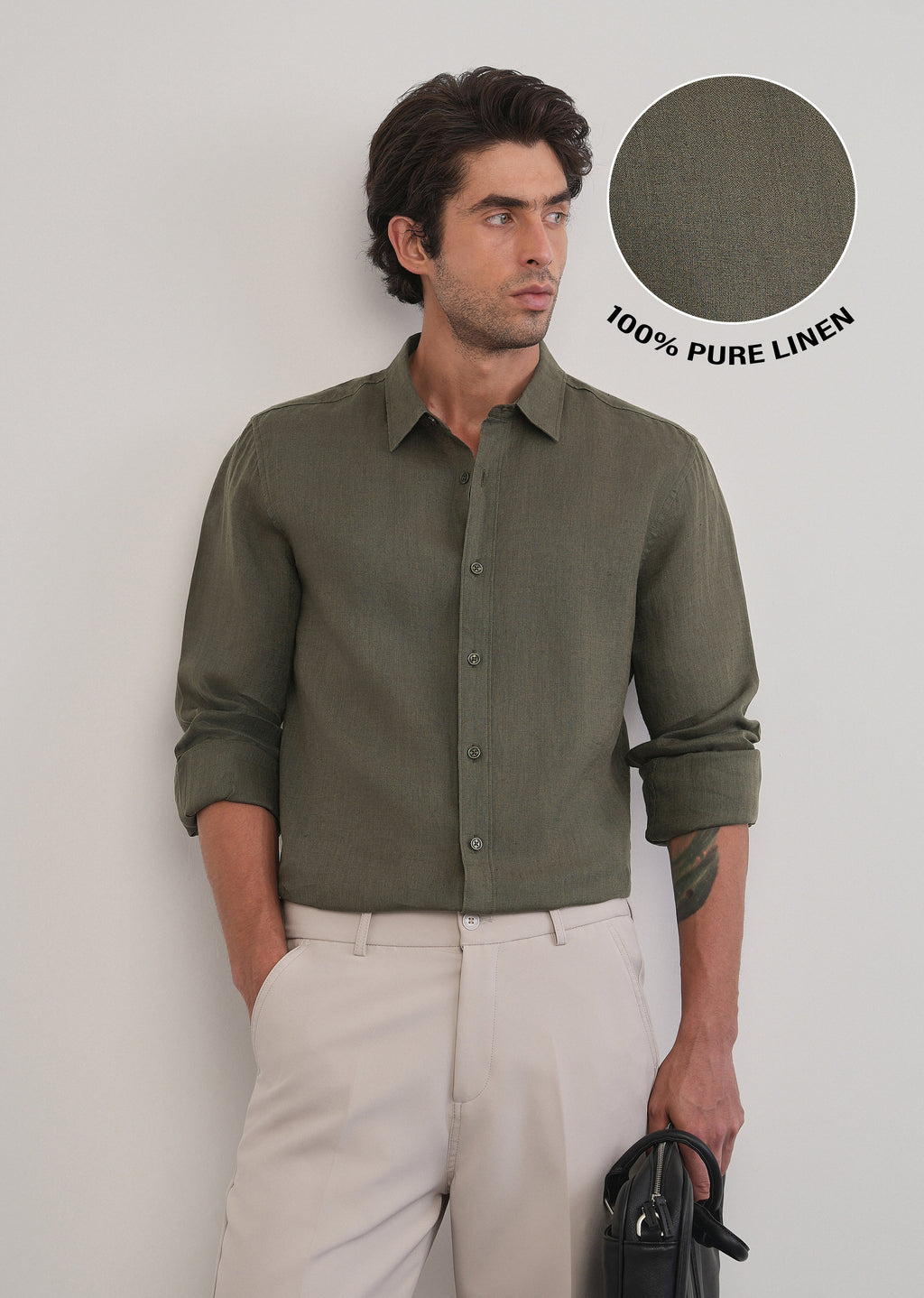 100% Pure Linen Olive Green Plain Shirt