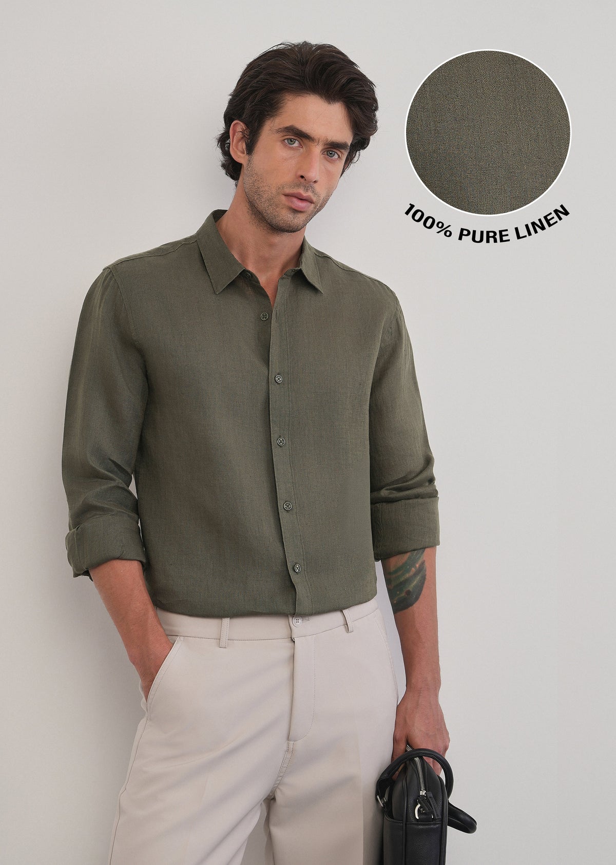 100% Pure Linen Olive Green Plain Shirt