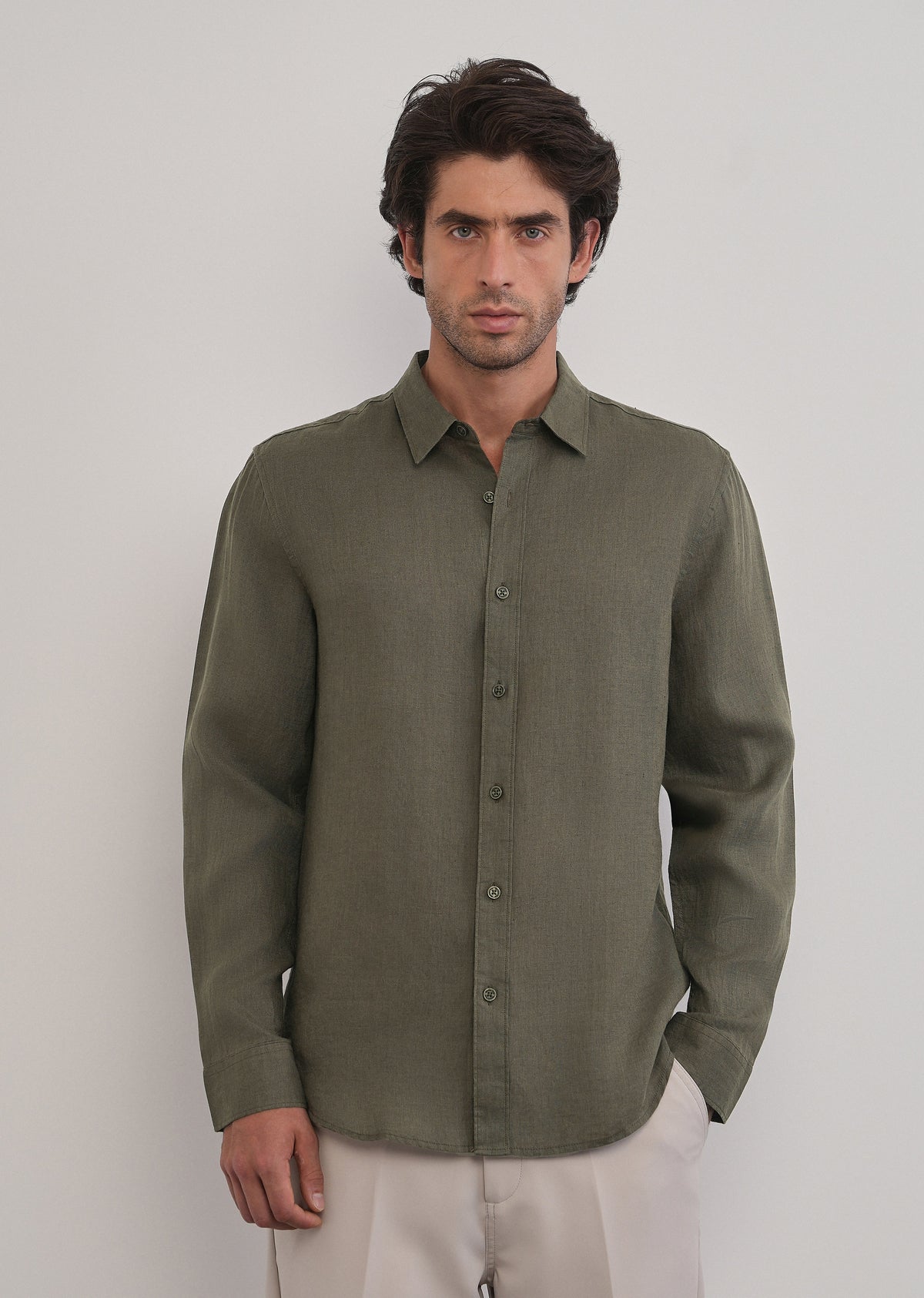 100% Pure Linen Olive Green Plain Shirt