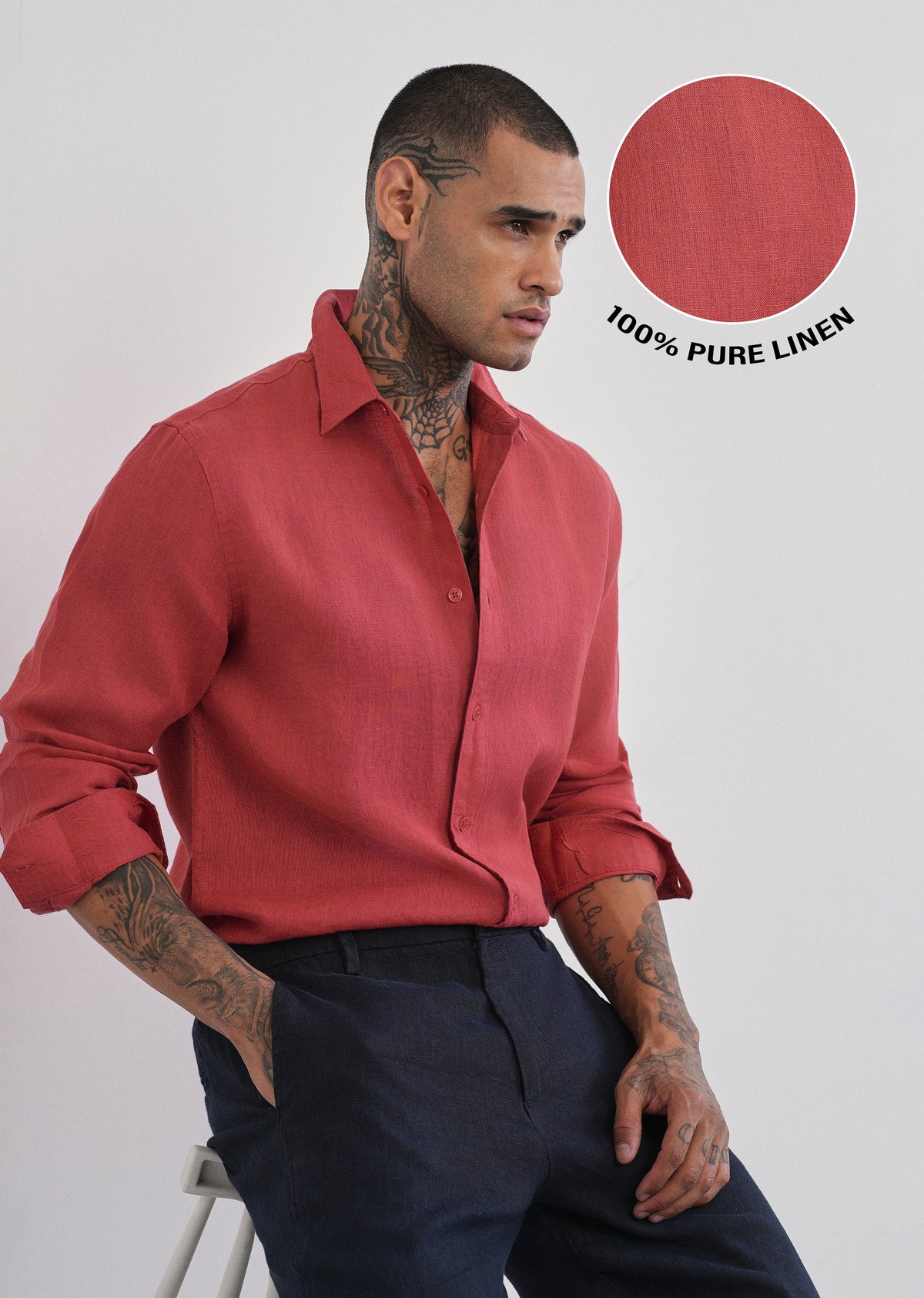 100% Pure Linen Brick Red Plain Shirt