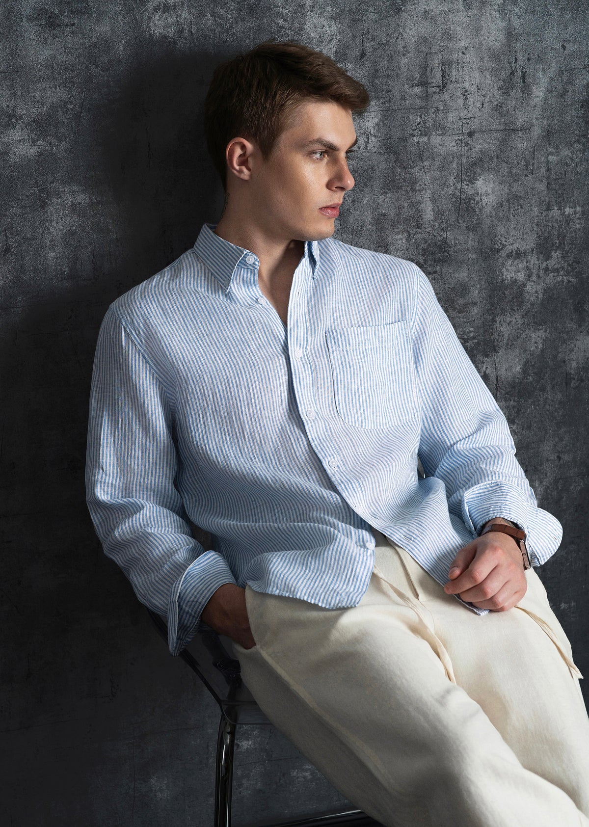 Blue 100% Pure Linen Stripe Shirt