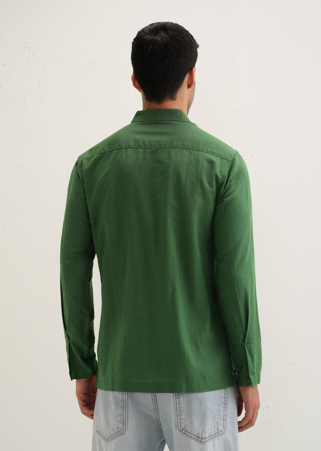 Green Hidden Sleeve Placket Cotton Linen Shirt