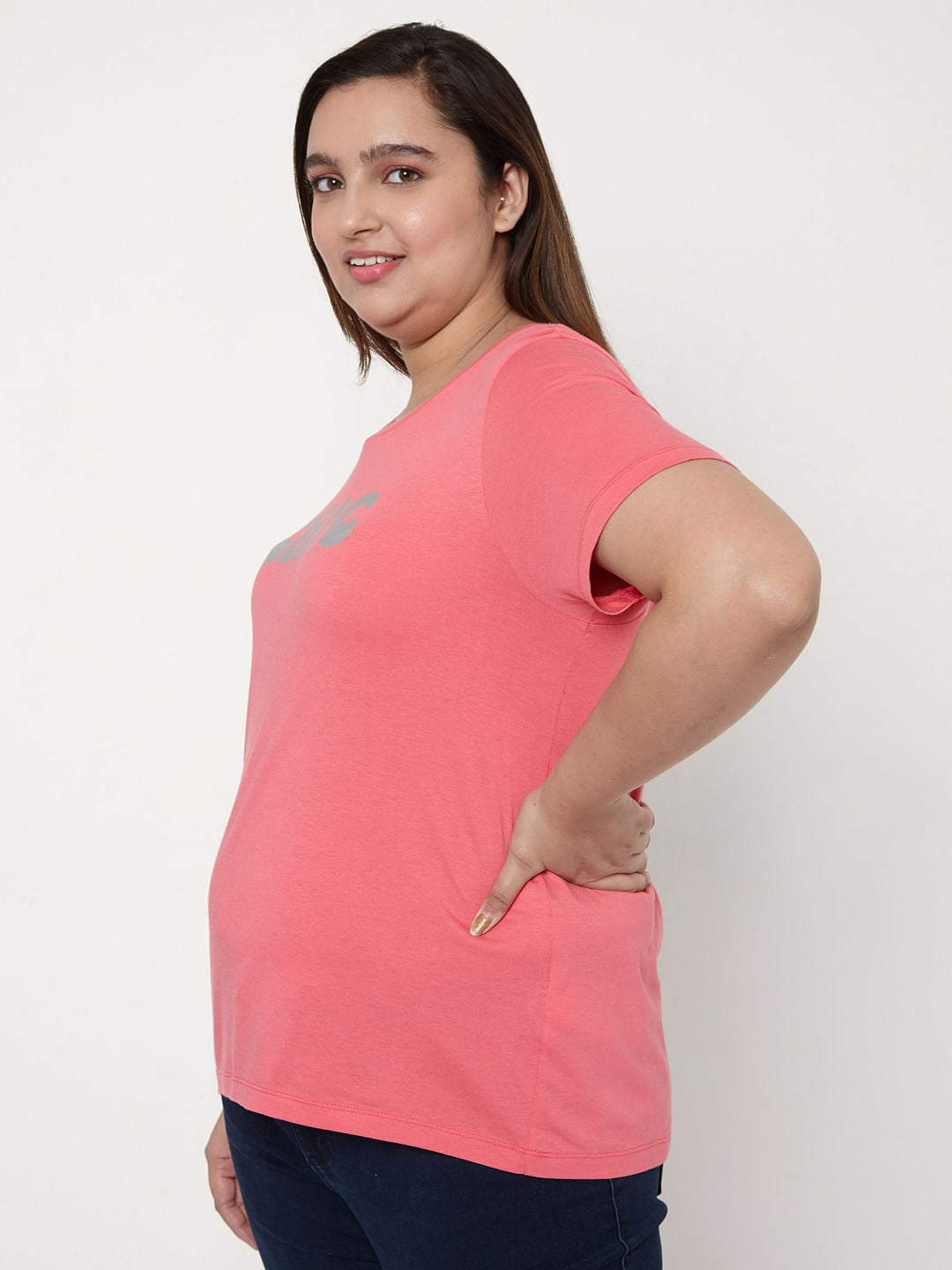 Curve Pink Slogan Print T-Shirt