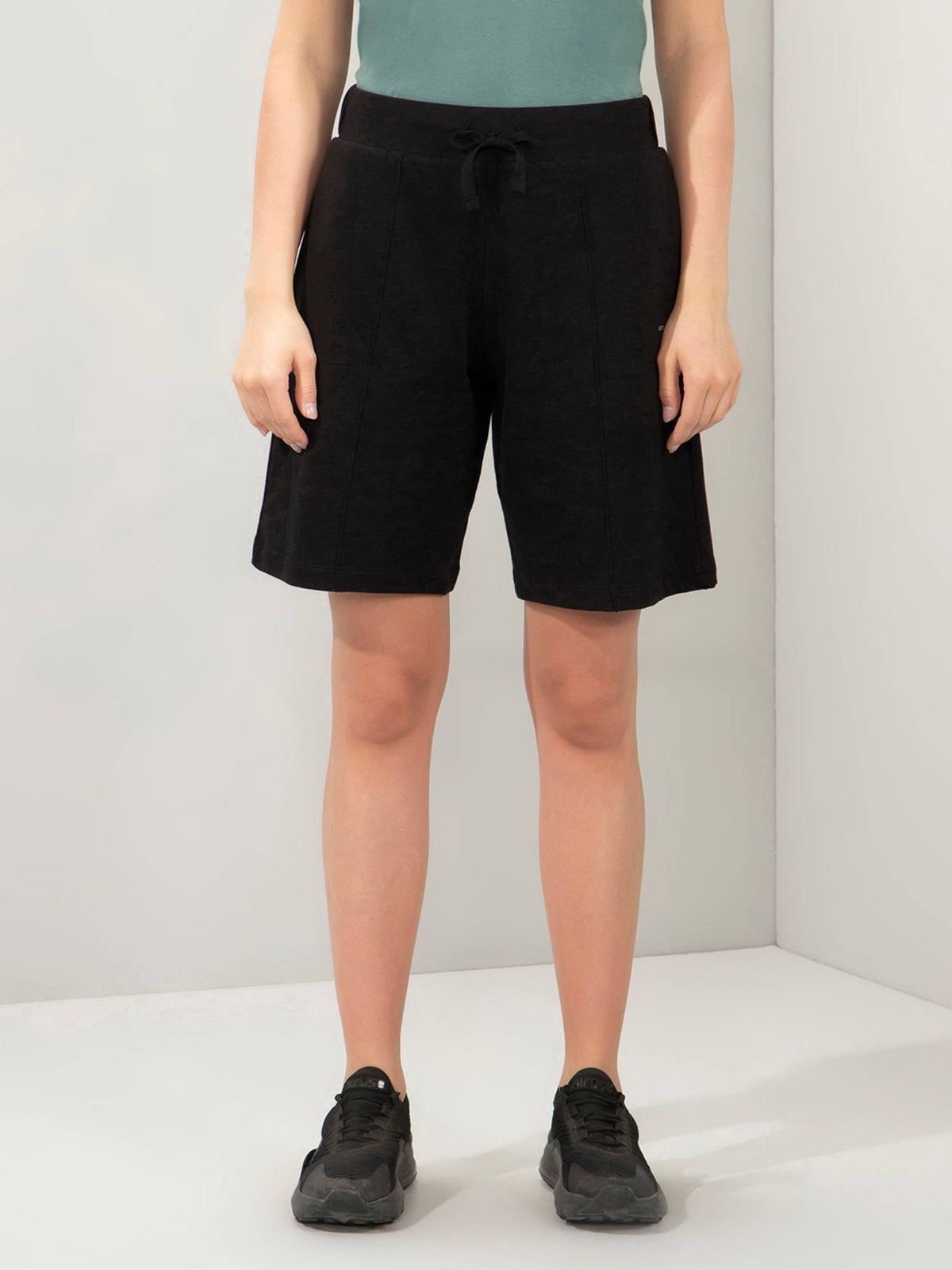 Women Knee Length High Rise Relaxed Fit Solid Shorts-Black - view 1