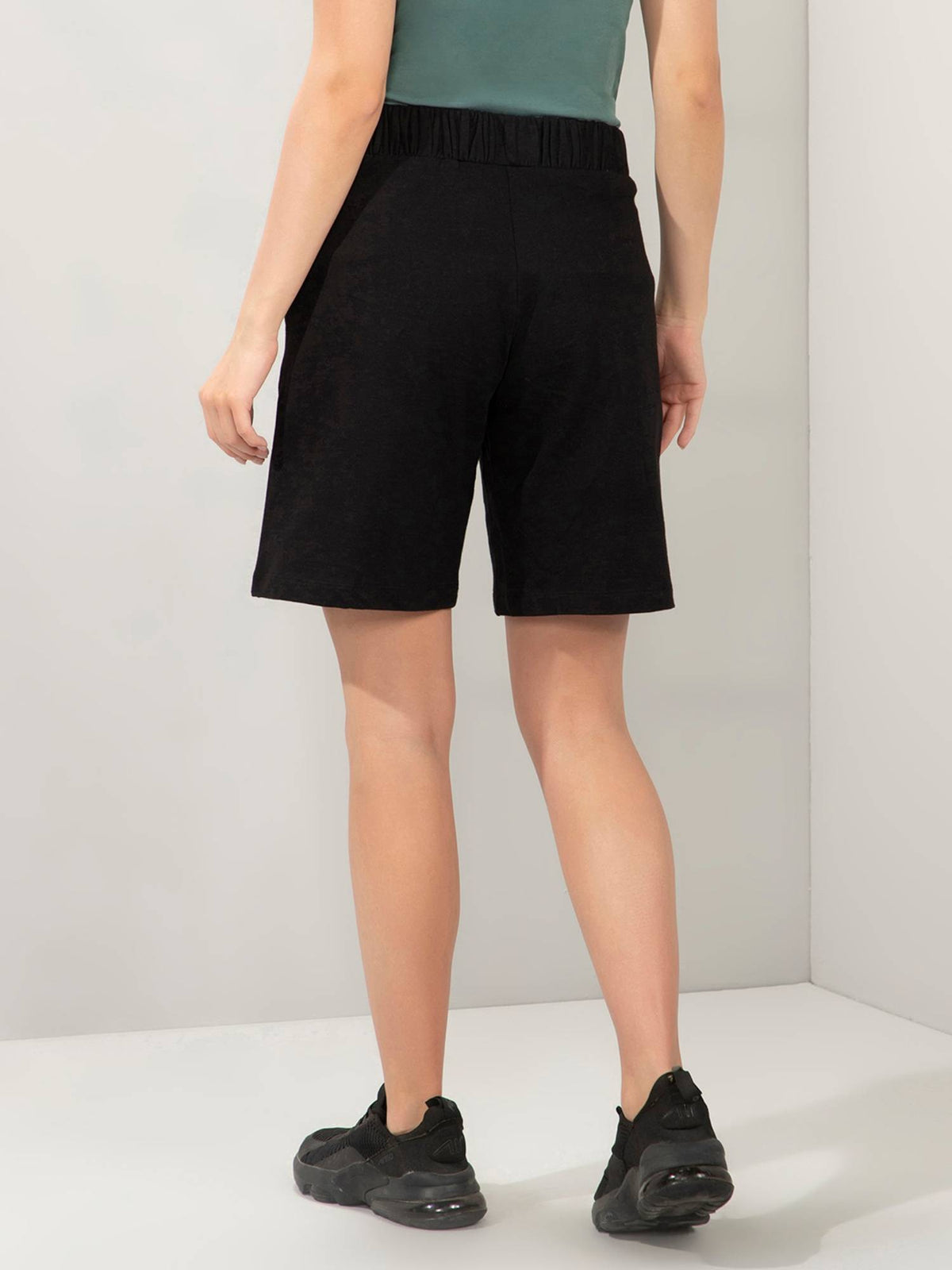 Women Knee Length High Rise Relaxed Fit Solid Shorts-Black - view 2