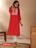 Red Rayon Straight Fit Yoke Embroidered Kurta LIKLBKU20 | KDG - view 1