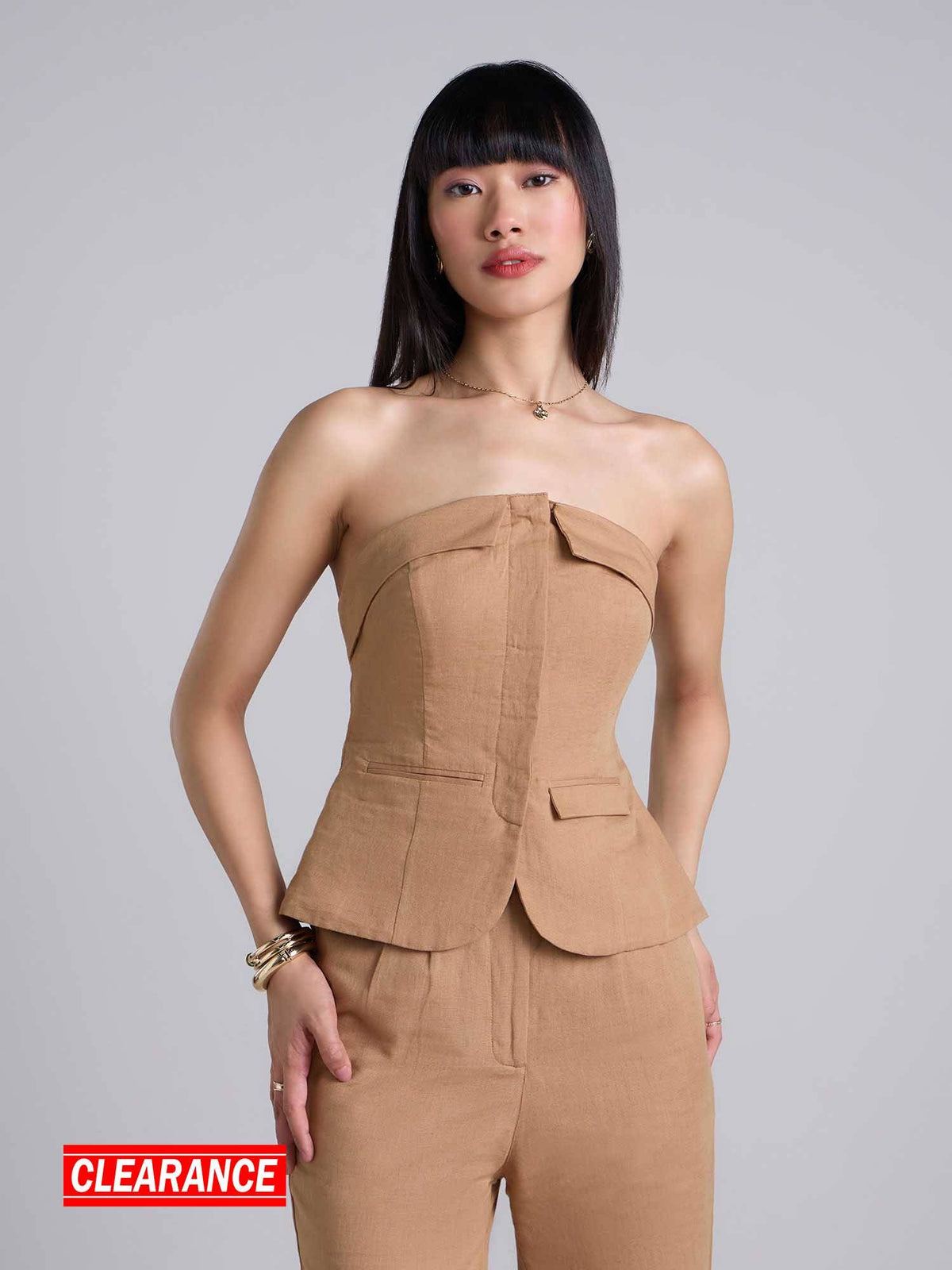 Khaki Brown Solid Tube Collar Neck Korean Linen Top | TT90 - view 1