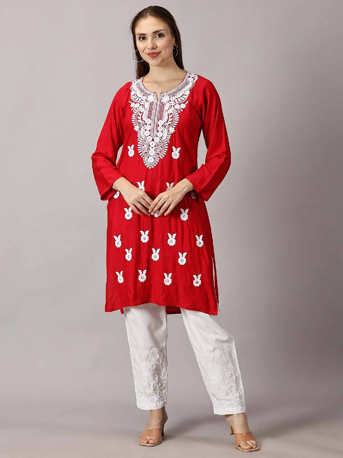 Women Red Floral Embroidered Straight Kurta | KDG - view 1