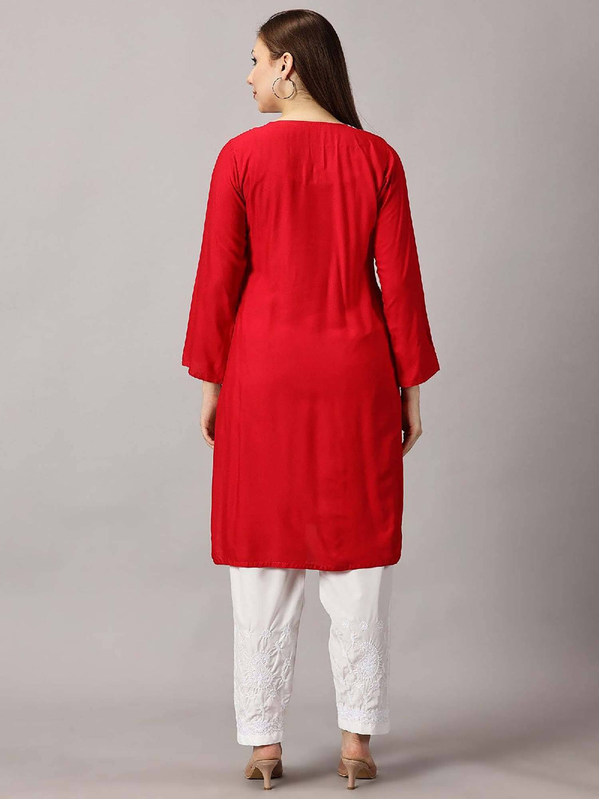 Women Red Floral Embroidered Straight Kurta | KDG - view 2