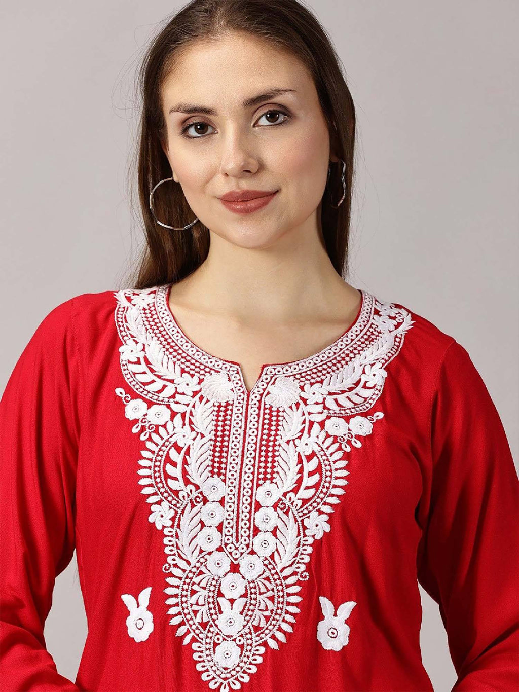 Women Red Floral Embroidered Straight Kurta | FY93 - view 4