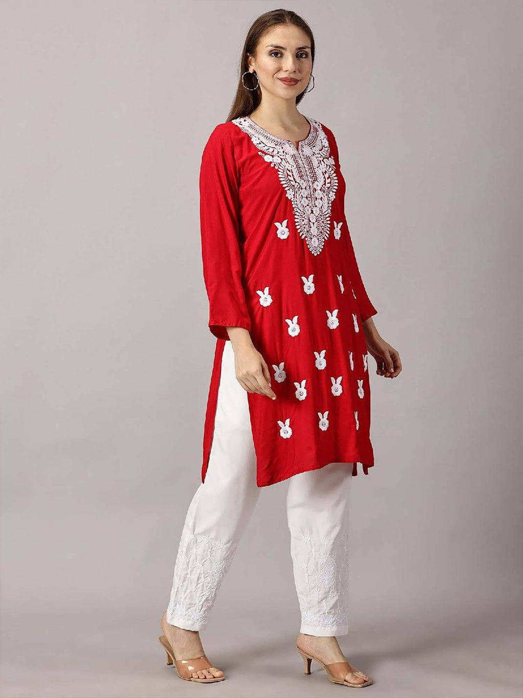 Women Red Floral Embroidered Straight Kurta | KDG - view 5