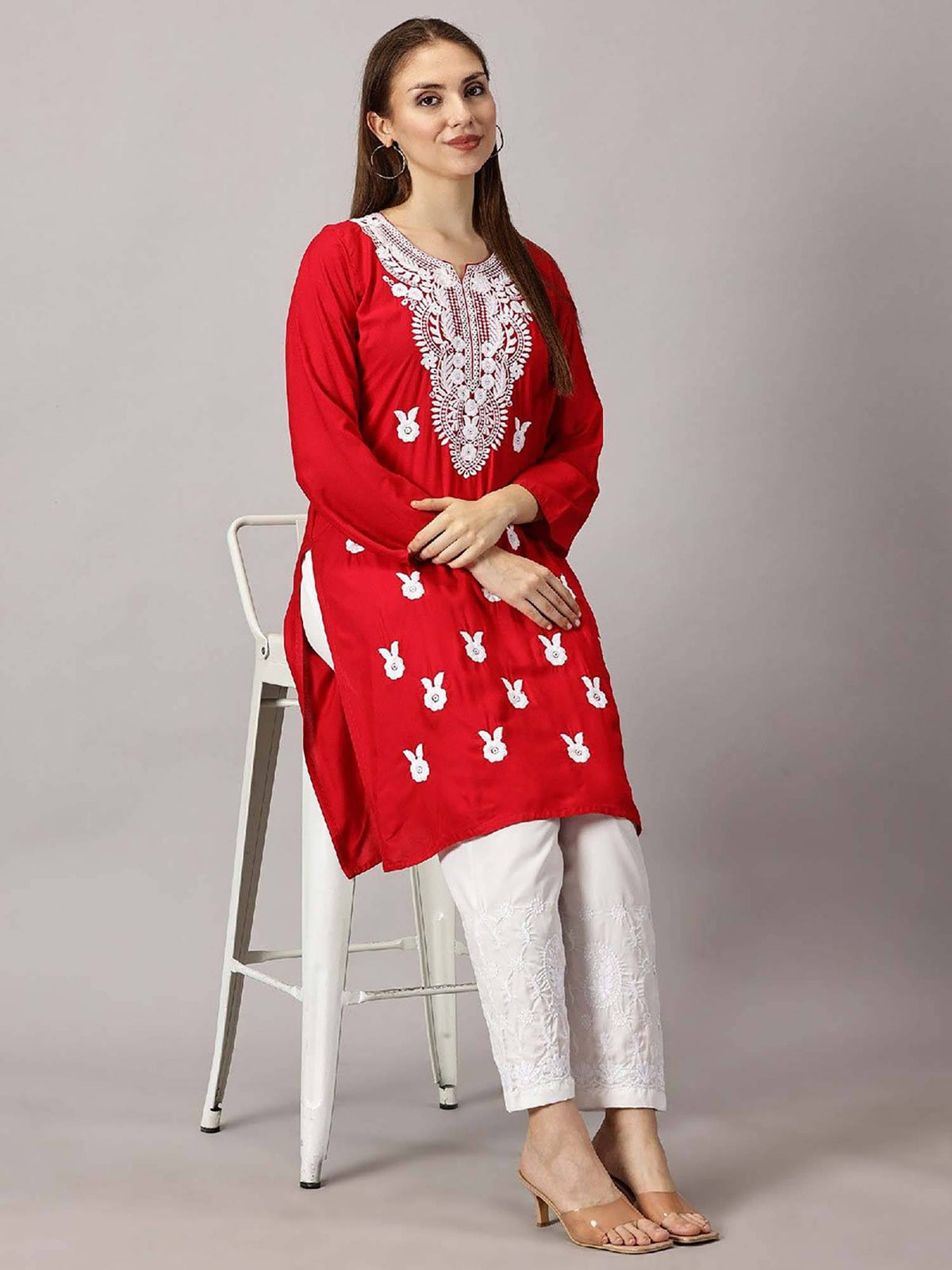 Women Red Floral Embroidered Straight Kurta | KDG - view 6