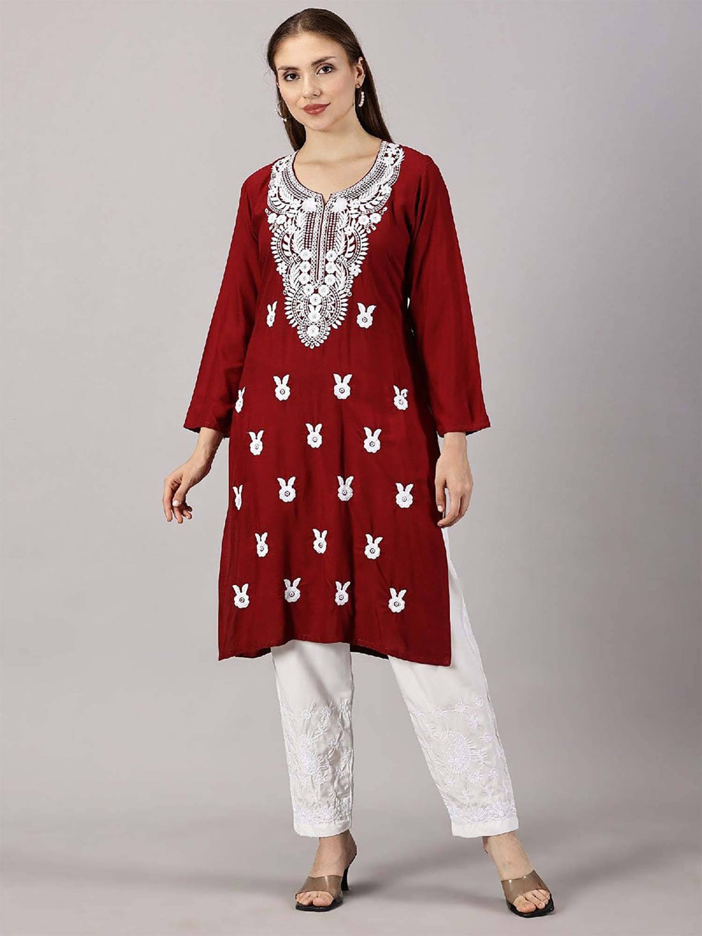 Women Red Floral Embroidered Straight Kurta | KDG - view 7