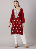 Women Red Floral Embroidered Straight Kurta | KDG - view 7