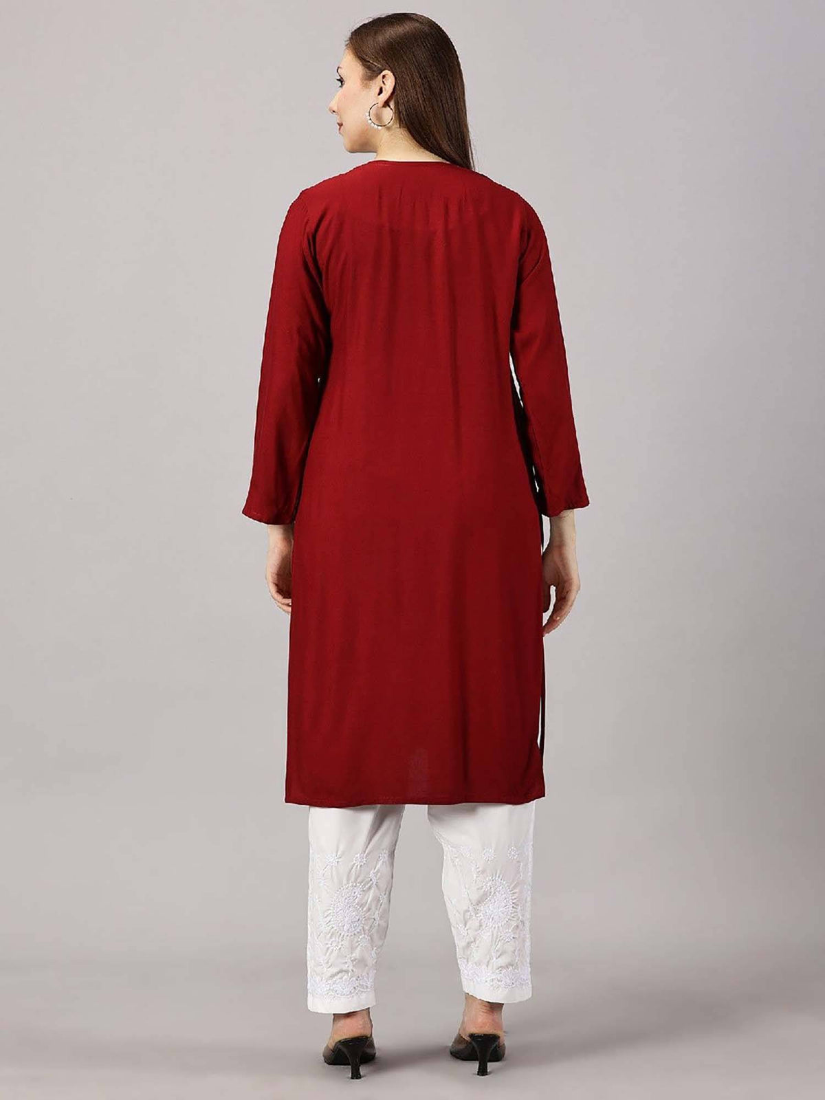 Women Red Floral Embroidered Straight Kurta | KDG - view 8