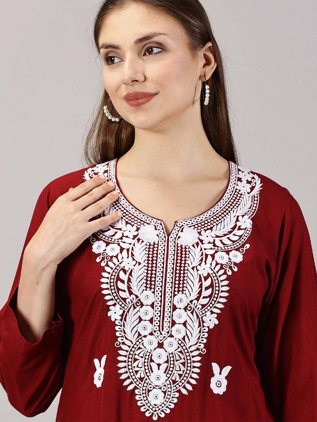 Women Red Floral Embroidered Straight Kurta | KDG - view 10