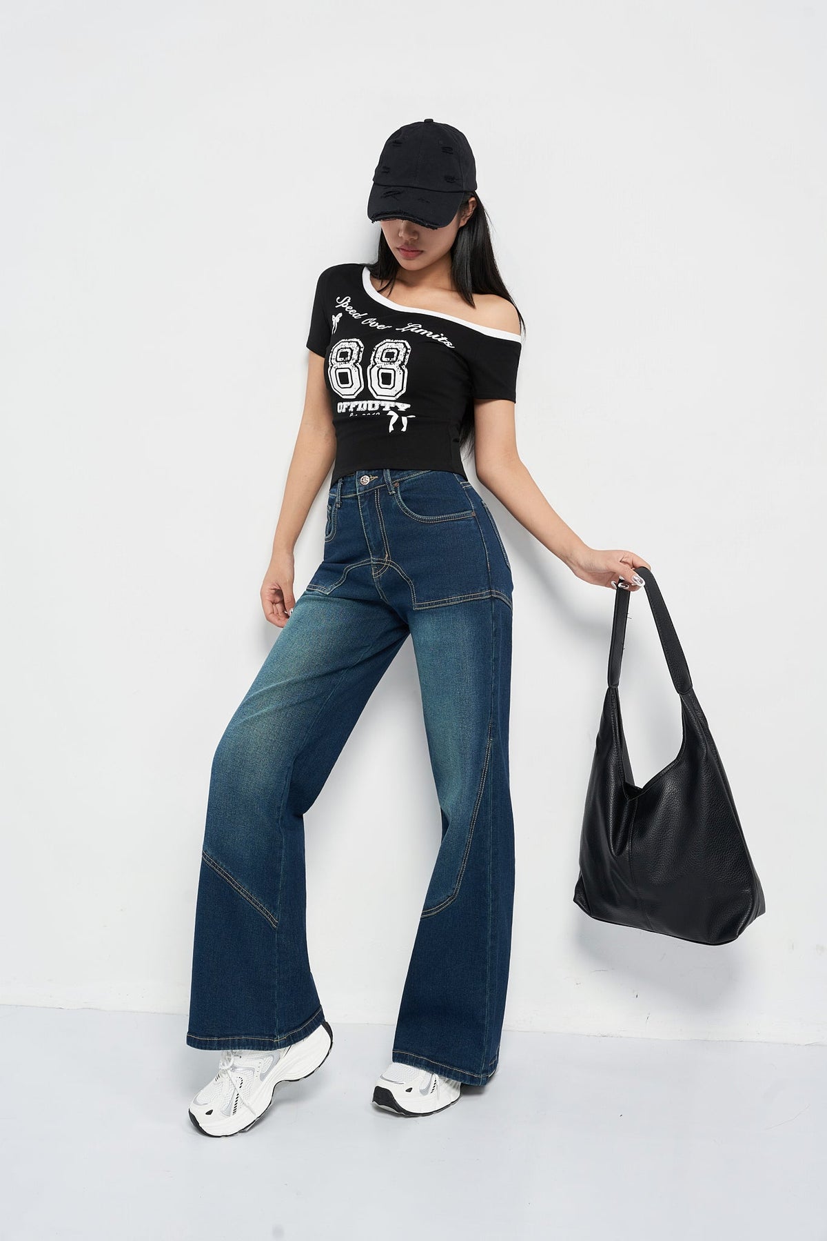 Blue Seam Detail Wide Leg Jeans