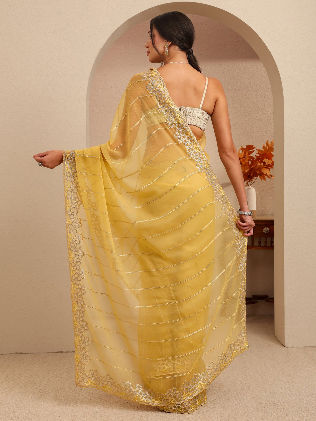 Libas Yellow Embroidered Organza Saree