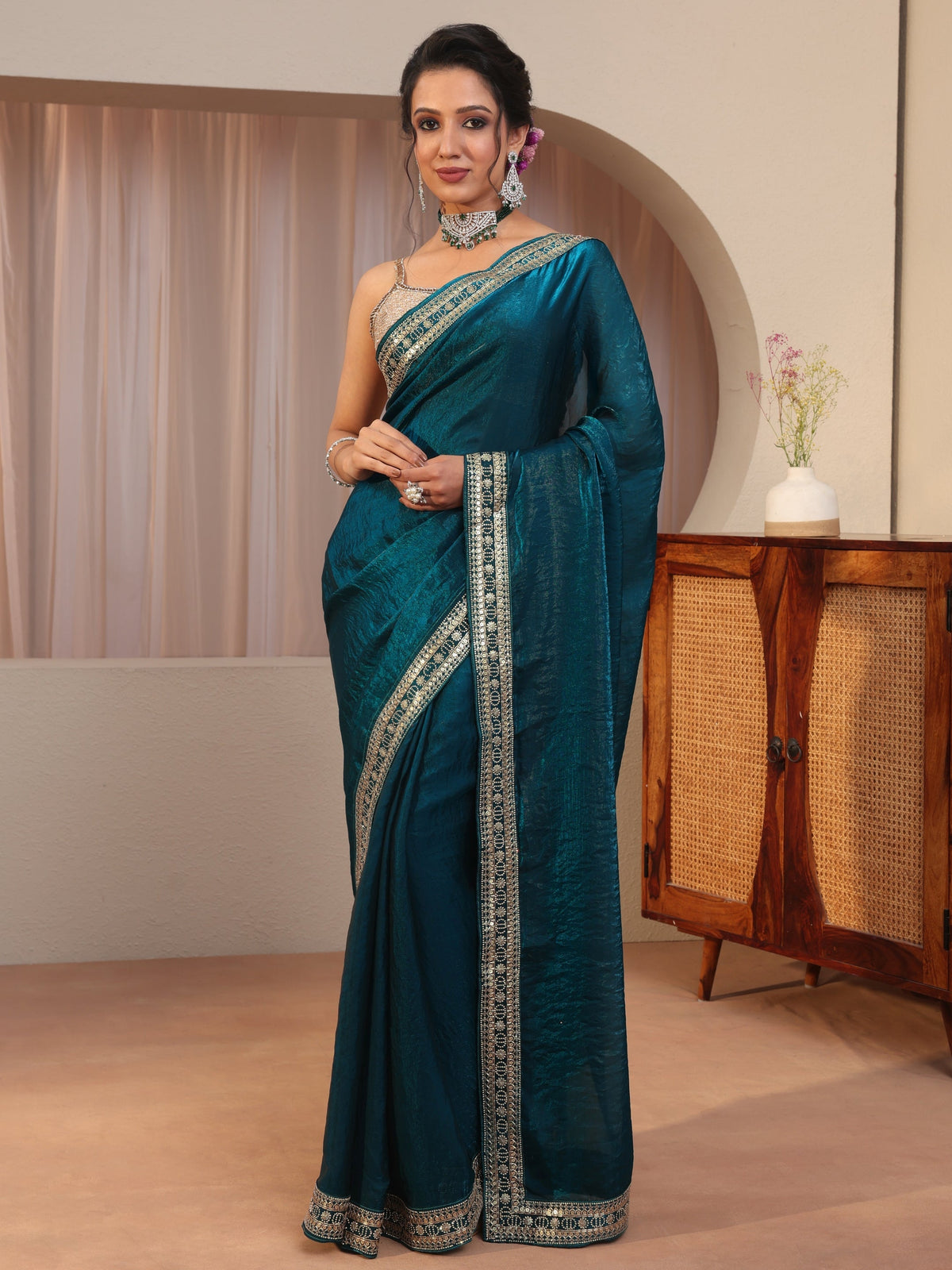 Libas Persian Blue Embellished Border Tissue Saree