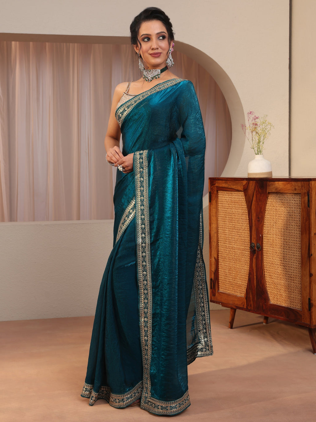 Libas Persian Blue Embellished Border Tissue Saree