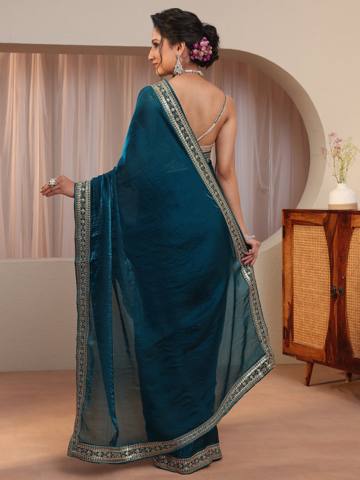 Libas Persian Blue Embellished Border Tissue Saree