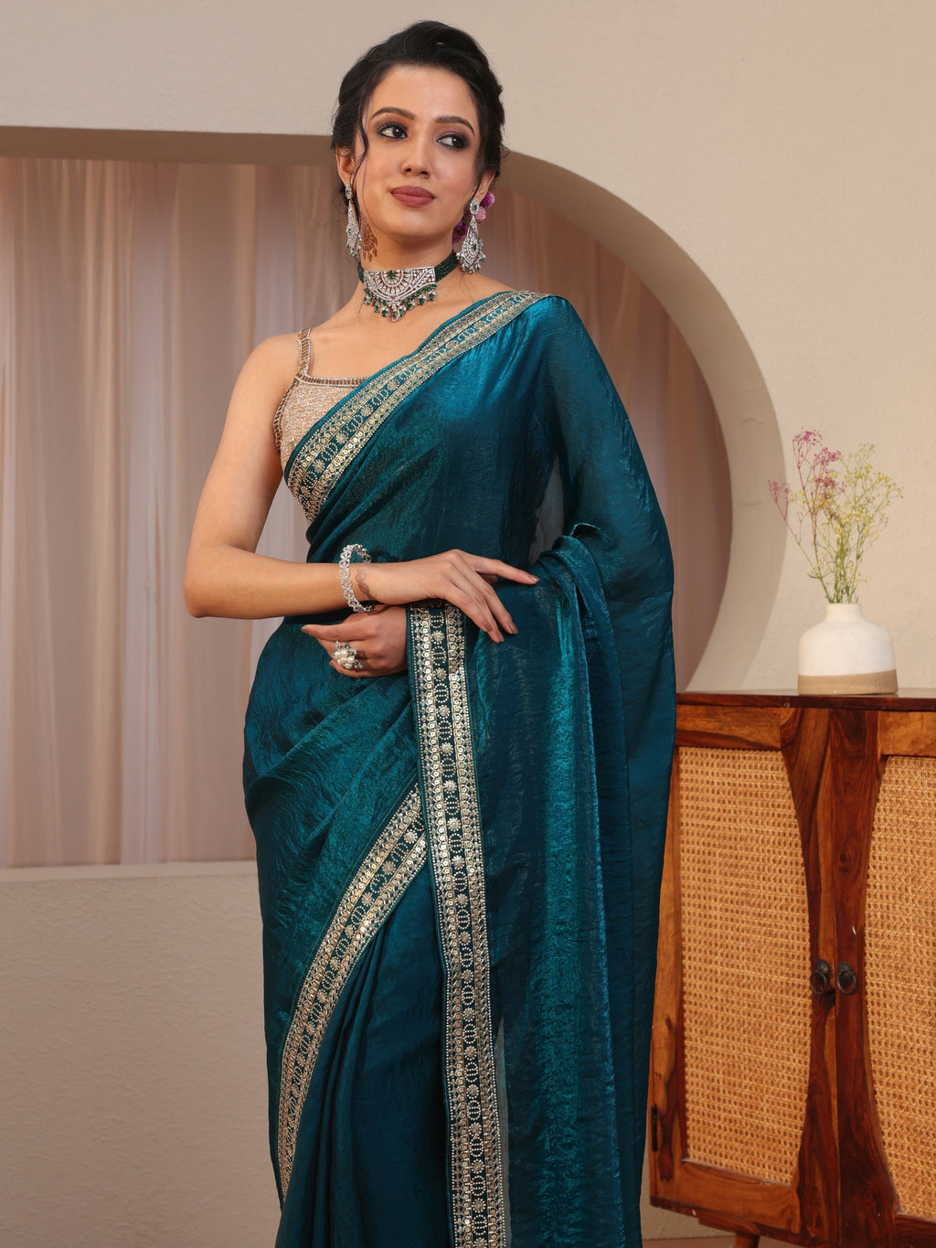 Libas Persian Blue Embellished Border Tissue Saree