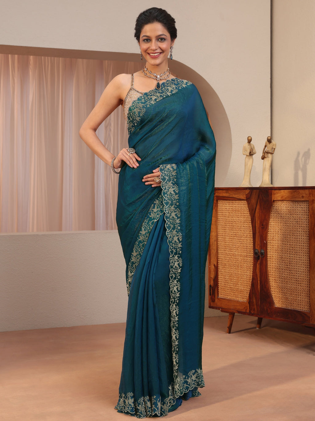 Libas Pacific Blue Tissue Saree With Embroidered Border