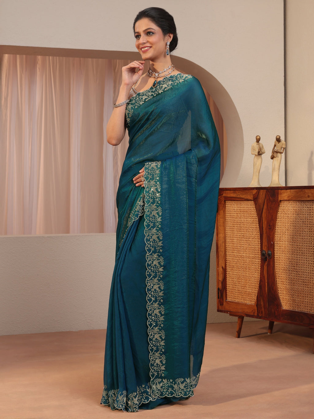 Libas Pacific Blue Tissue Saree With Embroidered Border