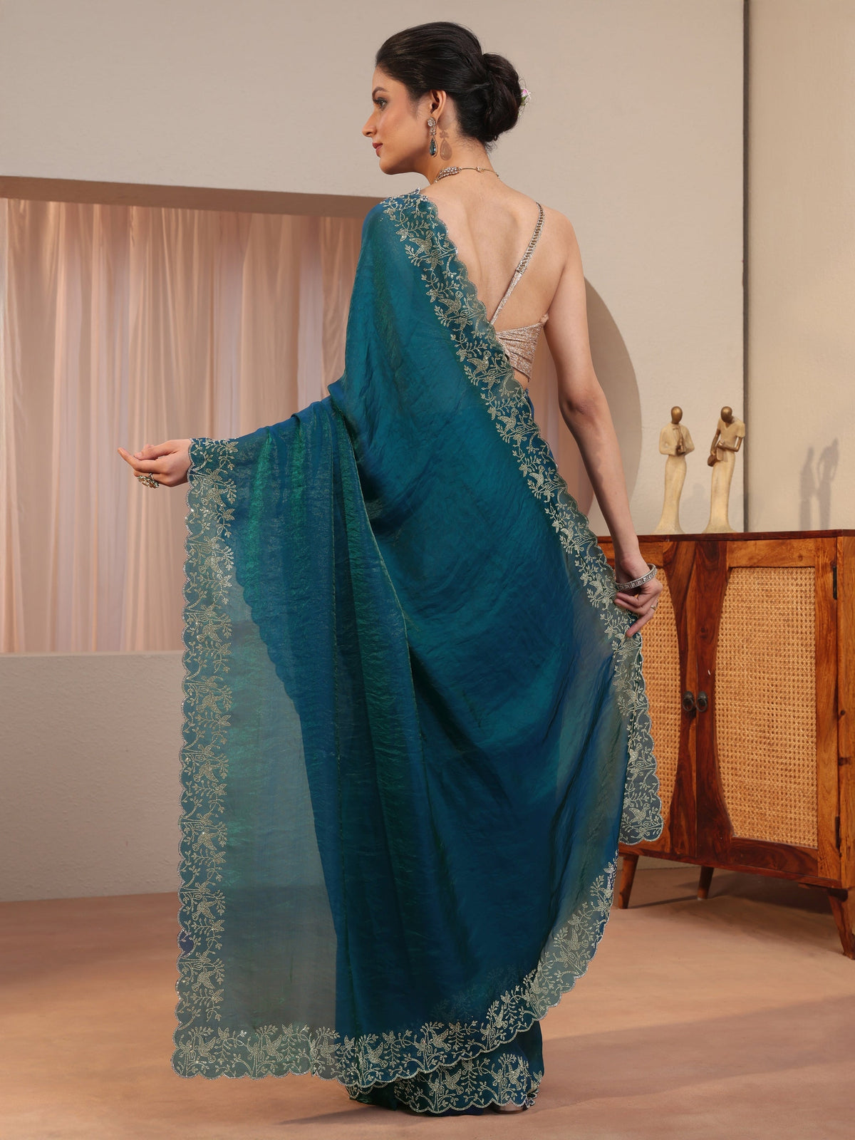 Libas Pacific Blue Tissue Saree With Embroidered Border